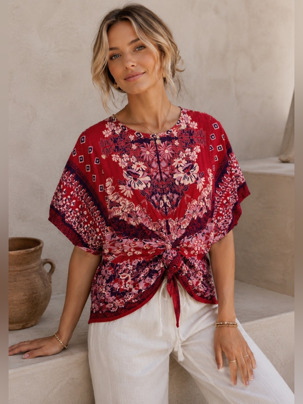 Free People Red Floral Boho Tunic Knot Top Small - Picture 2 of 12